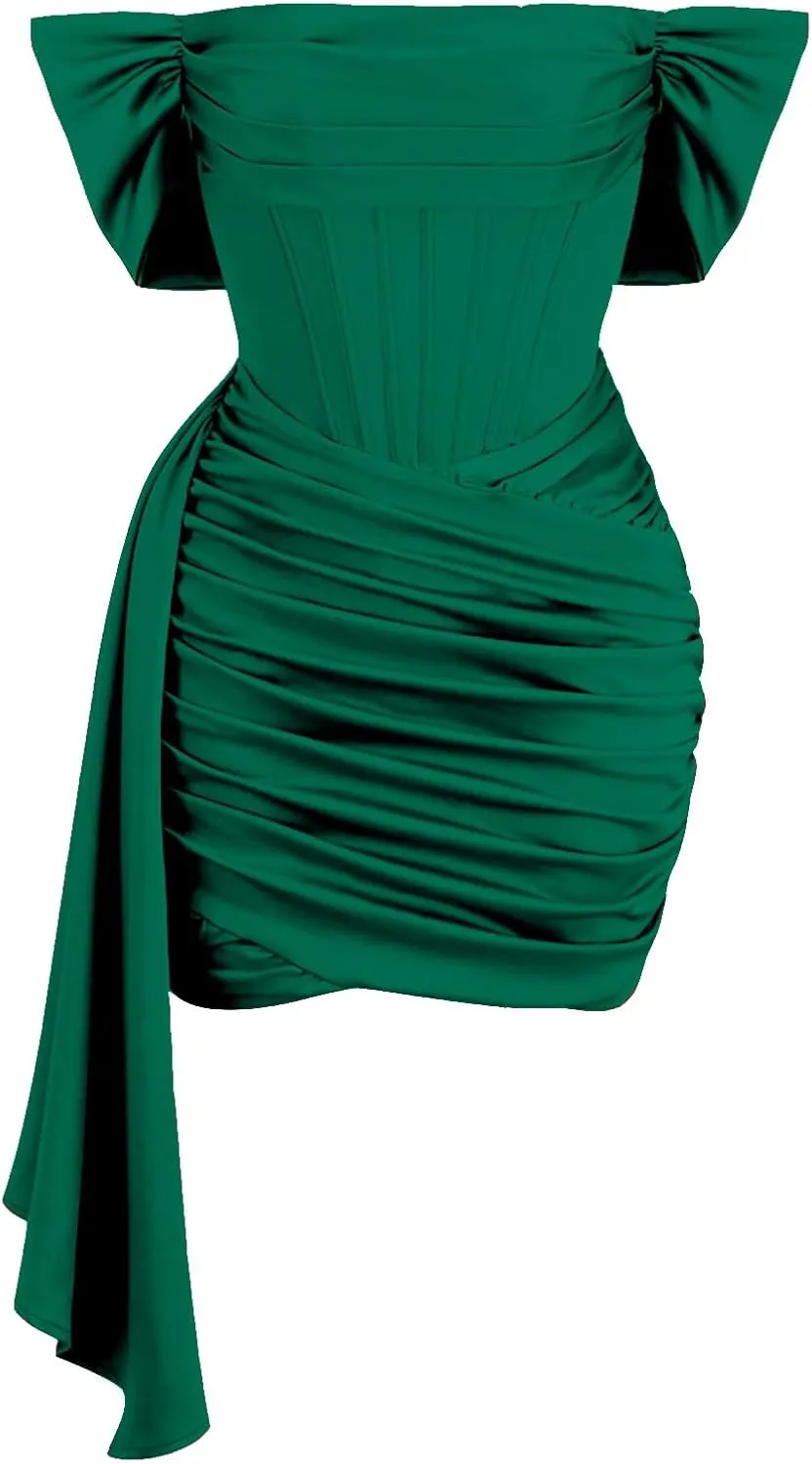 Women's Off Shoulder Satin Mini Dress Ruched Short Cocktail Evening Party Gowns