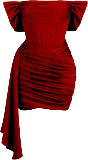 Women's Off Shoulder Satin Mini Dress Ruched Short Cocktail Evening Party Gowns