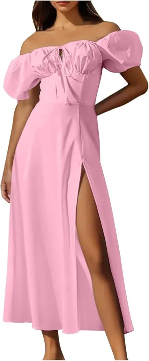 Womens Off The Shoulder Party Dresses Short Sleeve Flowy Long Dress Solid Color Casual Summer Dress