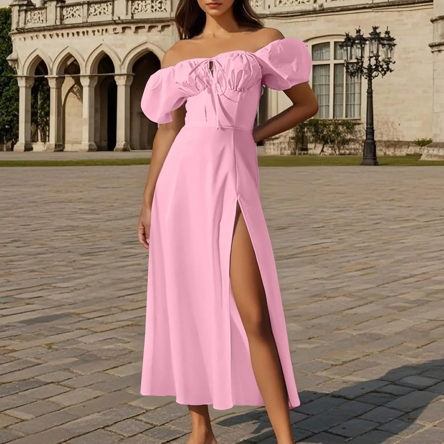 Womens Off The Shoulder Party Dresses Short Sleeve Flowy Long Dress Solid Color Casual Summer Dress