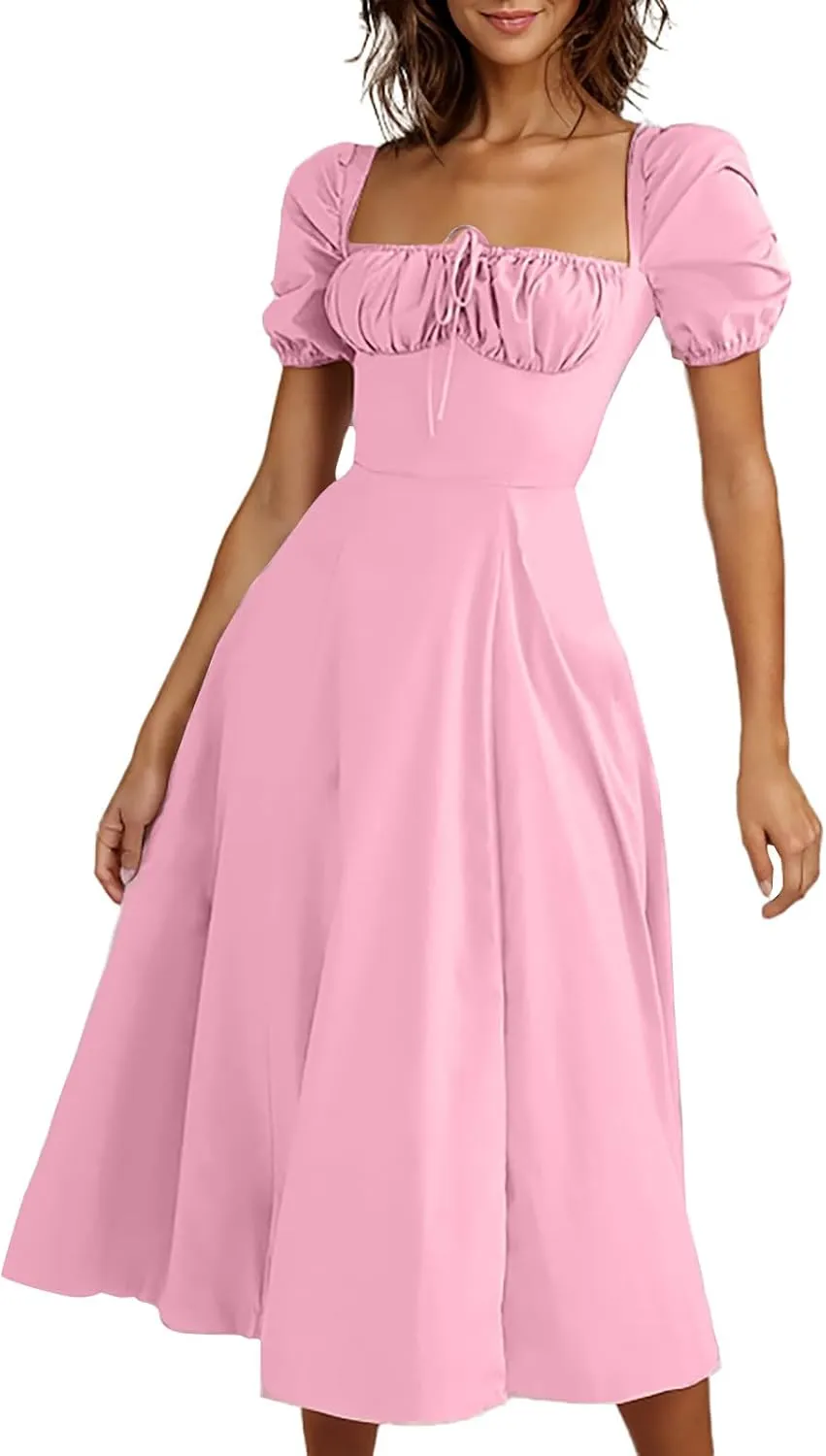 Womens Off The Shoulder Party Dresses Short Sleeve Flowy Long Dress Solid Color Casual Summer Dress