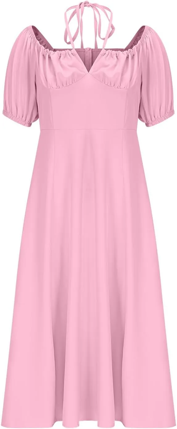 Womens Off The Shoulder Party Dresses Short Sleeve Flowy Long Dress Solid Color Casual Summer Dress