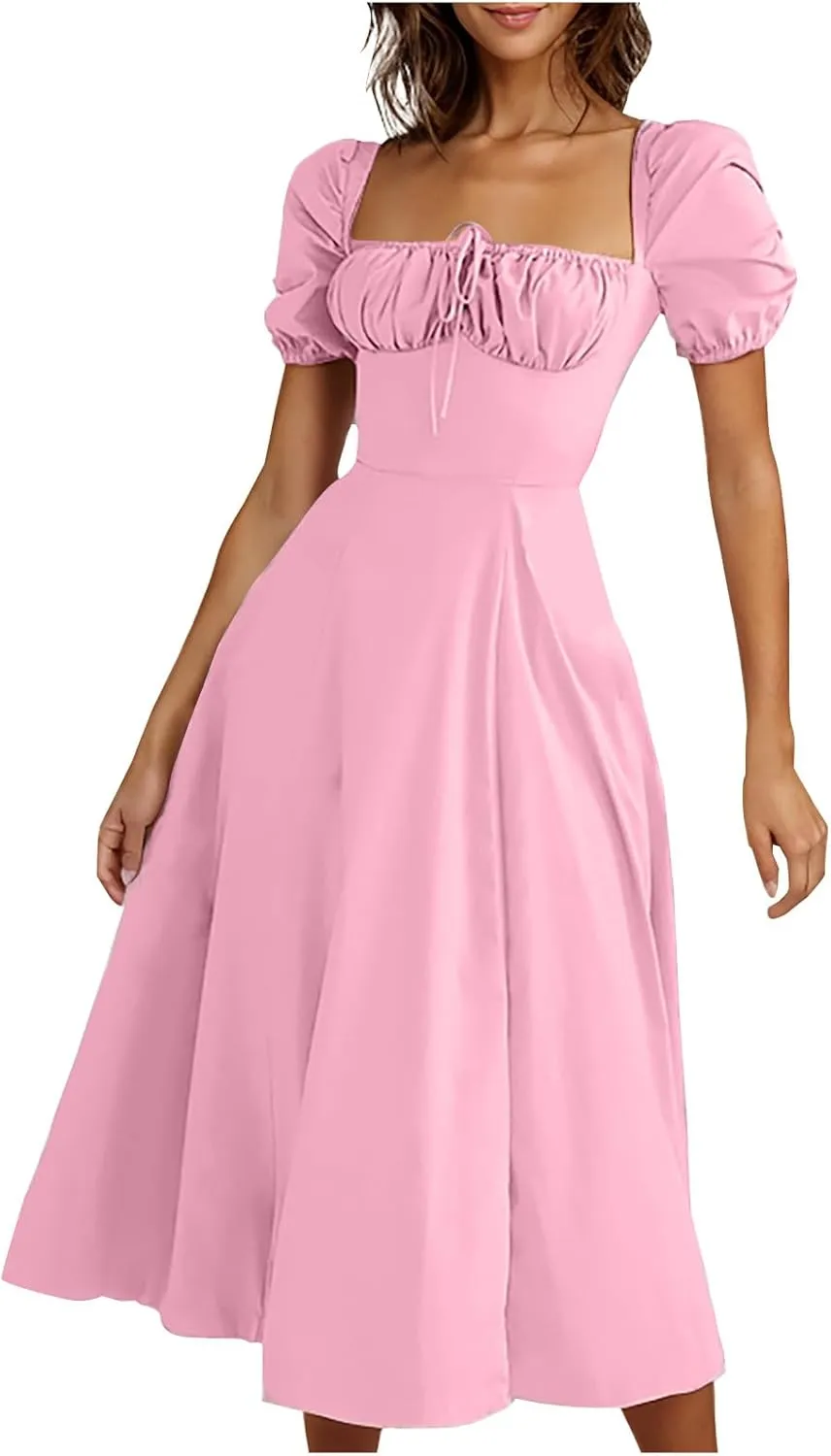 Womens Off The Shoulder Party Dresses Short Sleeve Flowy Long Dress Solid Color Casual Summer Dress