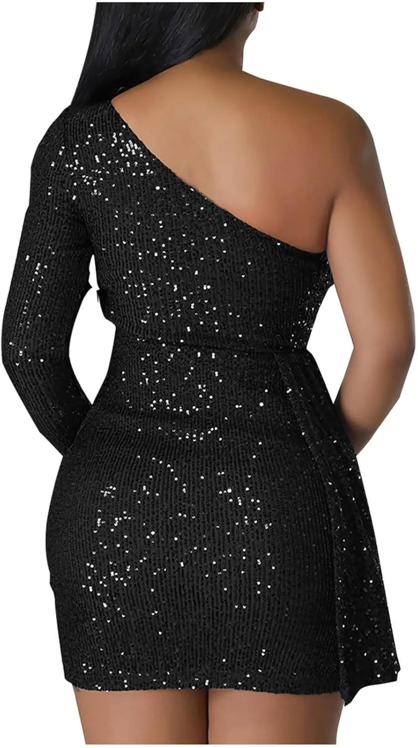 Women's One Shoulder Sequin Cocktail Dresses Long Sleeve Bodycon Wrap Evening Party Club Mini Dress