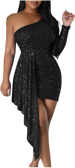 Women's One Shoulder Sequin Cocktail Dresses Long Sleeve Bodycon Wrap Evening Party Club Mini Dress