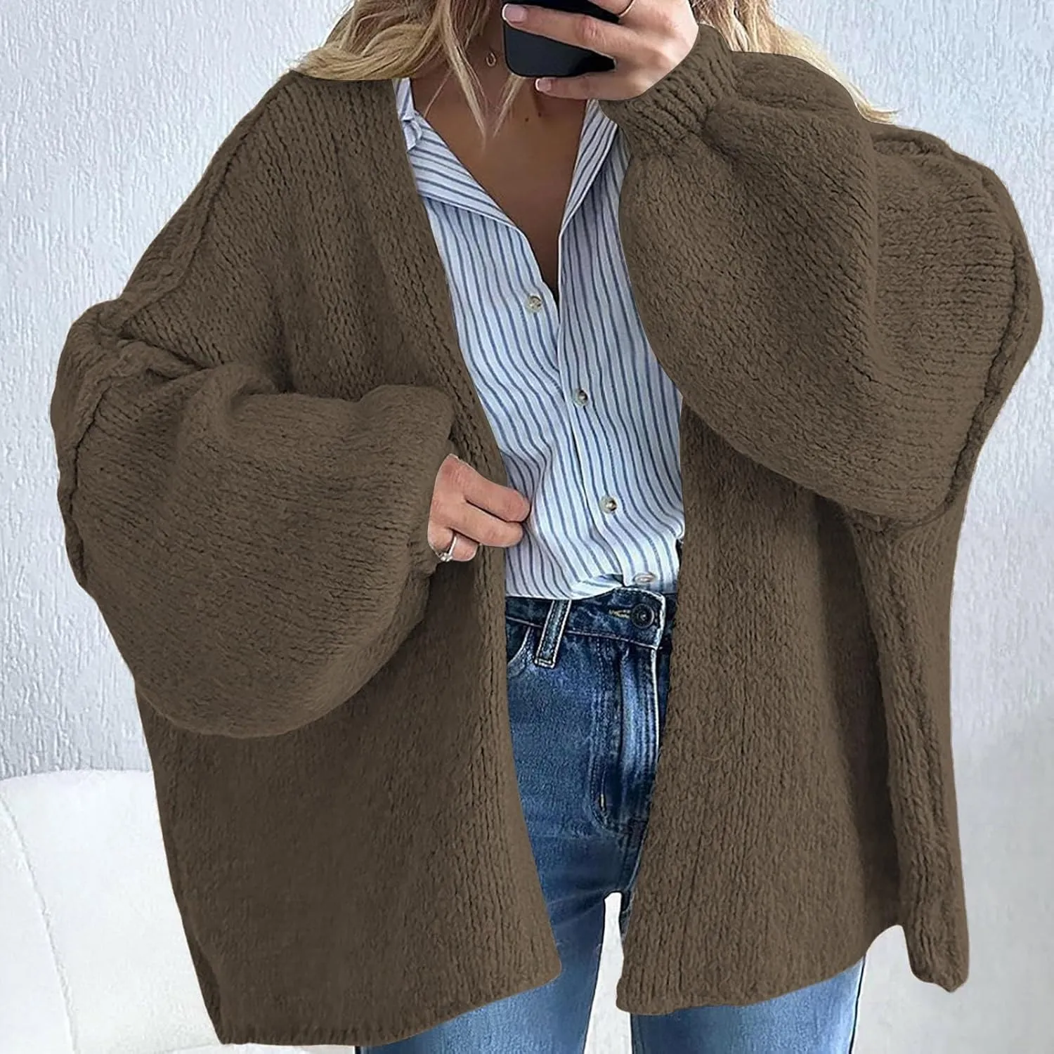 Womens Oversized Cardigan 2024 Fall Knit Open Front Long Lantern Sleeve Sweater Drop Shoulder Chunky Slouchy Outwear