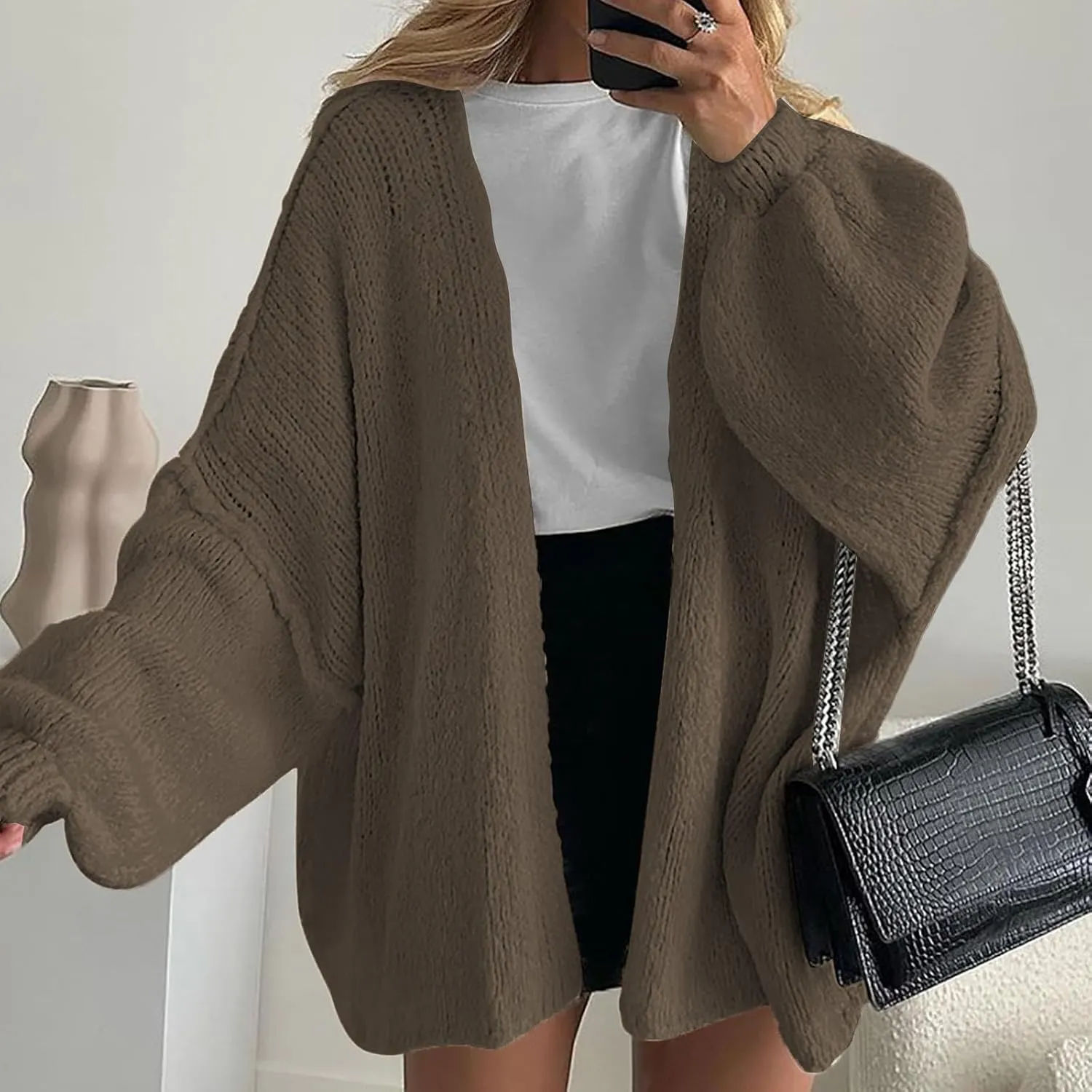 Womens Oversized Cardigan 2024 Fall Knit Open Front Long Lantern Sleeve Sweater Drop Shoulder Chunky Slouchy Outwear