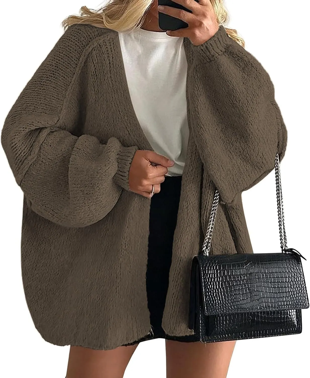 Womens Oversized Cardigan 2024 Fall Knit Open Front Long Lantern Sleeve Sweater Drop Shoulder Chunky Slouchy Outwear