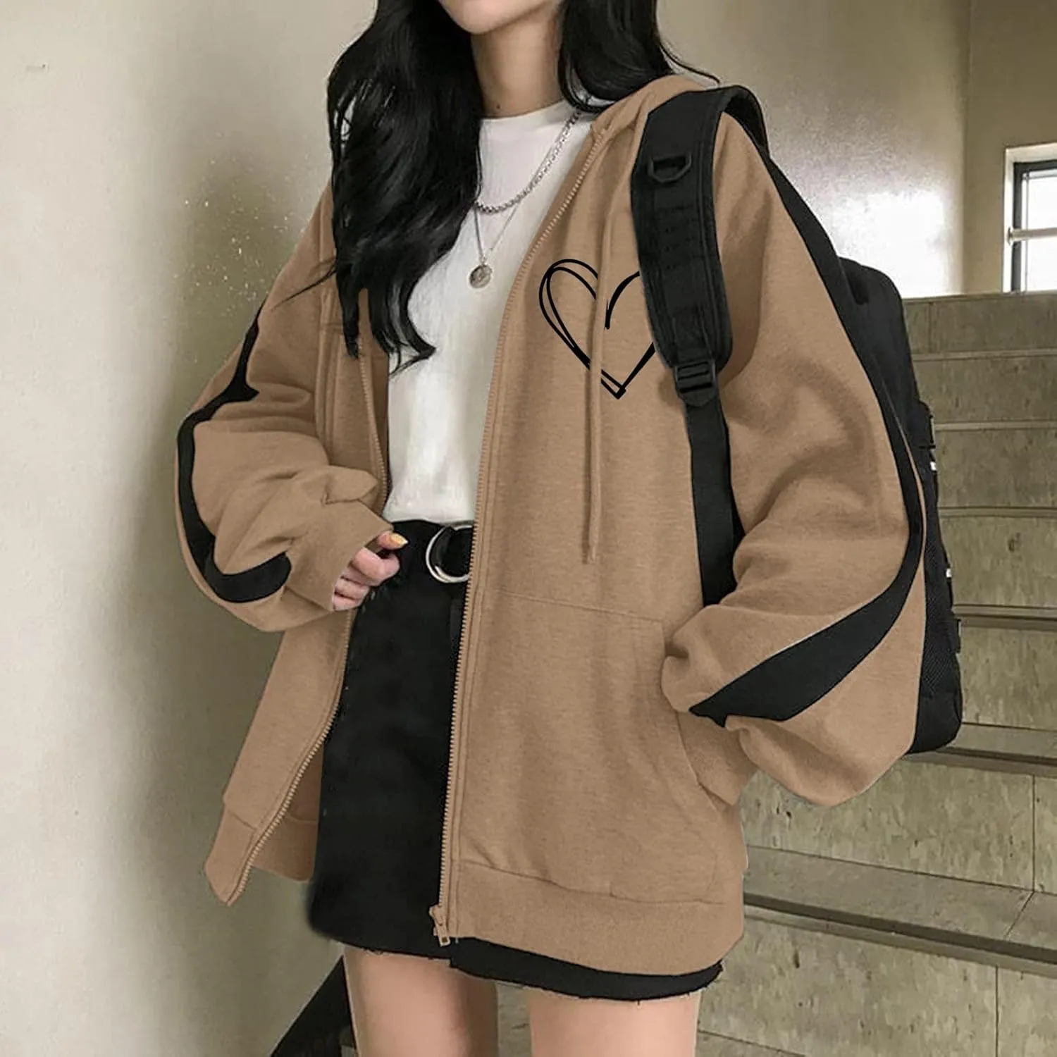 Women's Oversized Hoodies Fashion Long Sleeve Drawstring Hooded Full Zip Up Jackets Autumn Workout Open Front Blazer