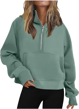 Womens Oversized Hoodies Half Zipper Fleece Cropped Sweatshirt Oversized Long Sleeve Pullover with Pocket