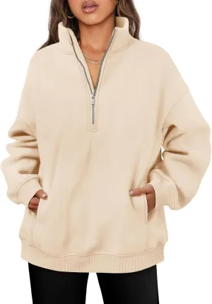 Womens Oversized Sweatshirts Half Zip Long Sleeve Pullover Drop Shoulder Turtleneck Sweaters with Pockets