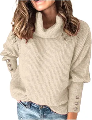 Women's Oversized Turtleneck Sweaters Fall 2024 Dressy Casual Ribbed Knit Button Long Sleeve Pullover Sweater