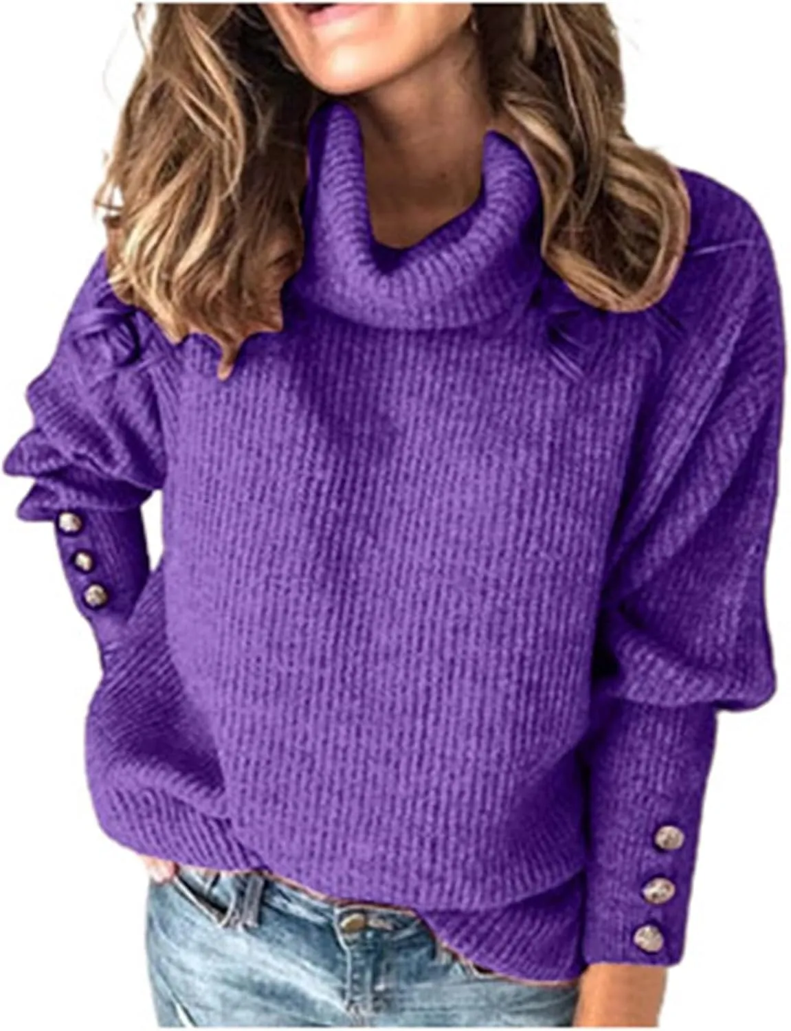 Women's Oversized Turtleneck Sweaters Fall 2024 Dressy Casual Ribbed Knit Button Long Sleeve Pullover Sweater