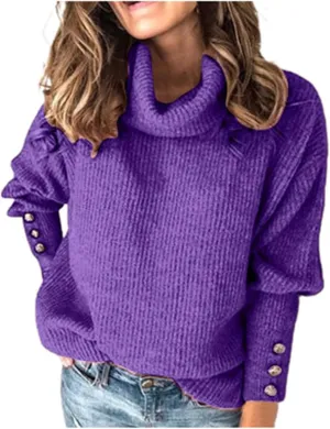 Women's Oversized Turtleneck Sweaters Fall 2024 Dressy Casual Ribbed Knit Button Long Sleeve Pullover Sweater