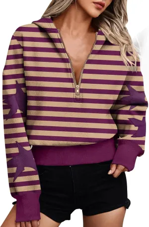 Women's Overszied Striped Sweatshirts Long Sleeve Half Zip Up Star Hoodies Winter Tops Y2K Fashion Cropped Clothes