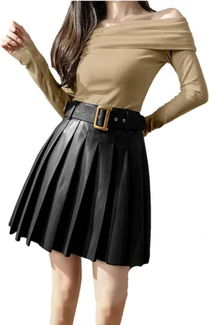 Women's Pleated PU Leather Skirts High Waist Loose A-Line Mini Skirts