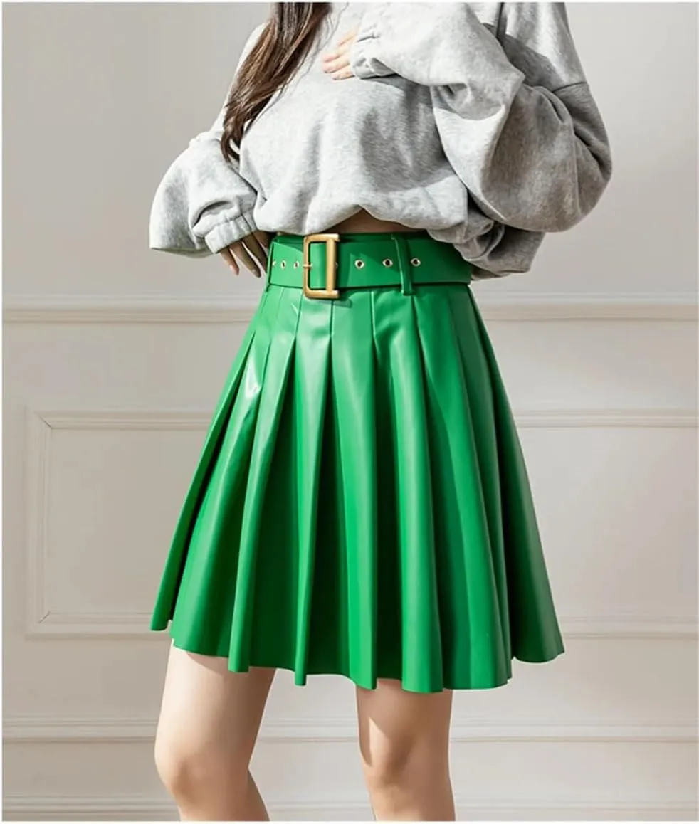 Women's Pleated PU Leather Skirts High Waist Loose A-Line Mini Skirts