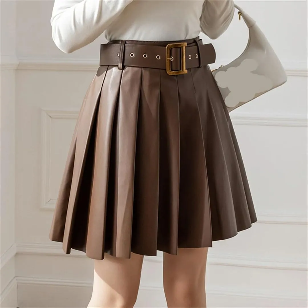 Women's Pleated PU Leather Skirts High Waist Loose A-Line Mini Skirts