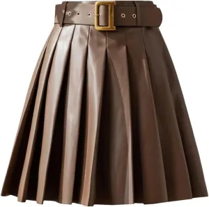 Women's Pleated PU Leather Skirts High Waist Loose A-Line Mini Skirts