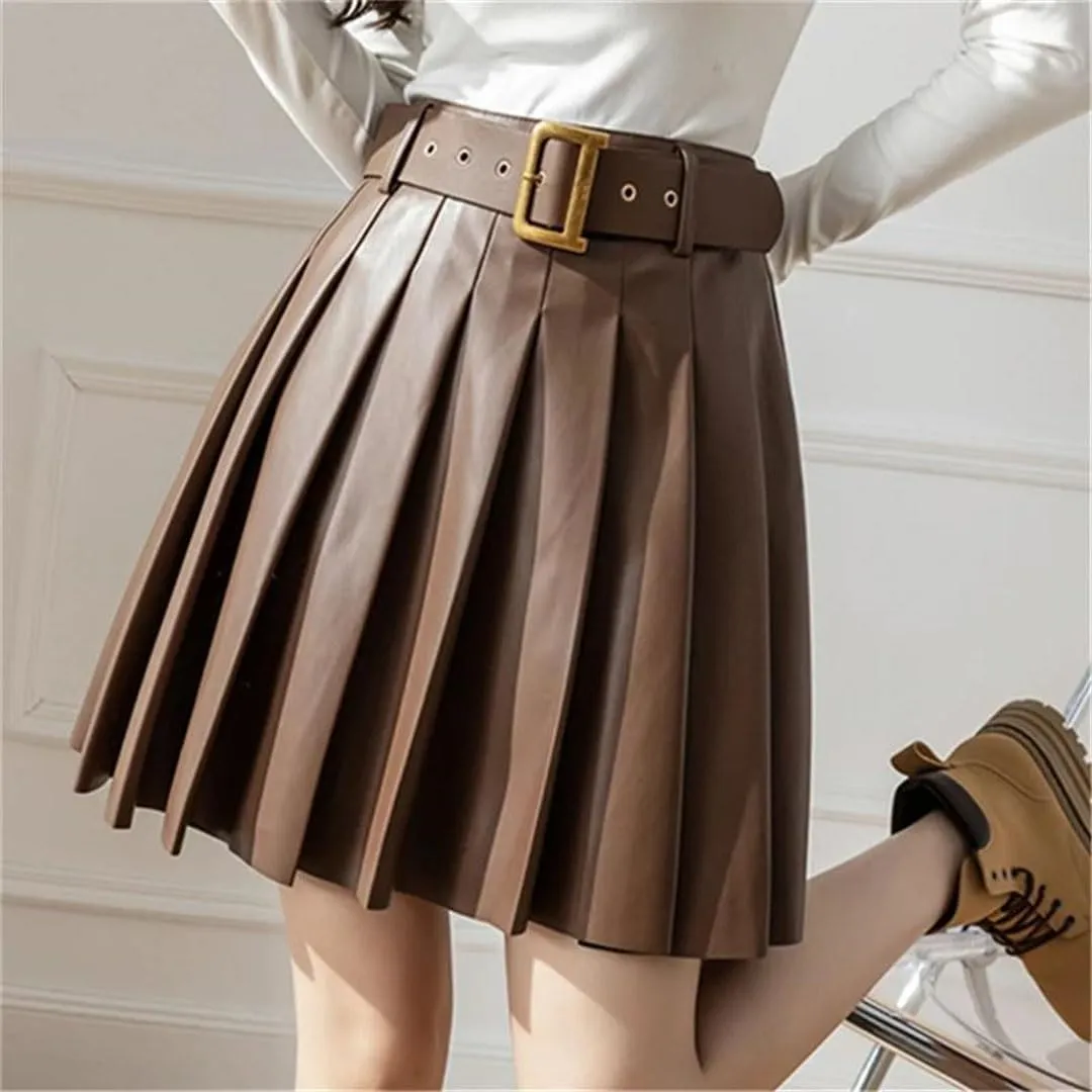 Women's Pleated PU Leather Skirts High Waist Loose A-Line Mini Skirts