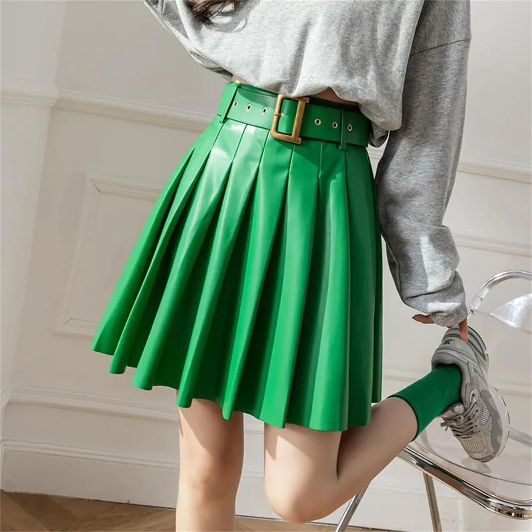 Women's Pleated PU Leather Skirts High Waist Loose A-Line Mini Skirts