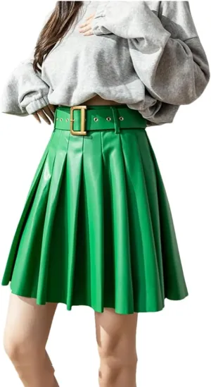 Women's Pleated PU Leather Skirts High Waist Loose A-Line Mini Skirts