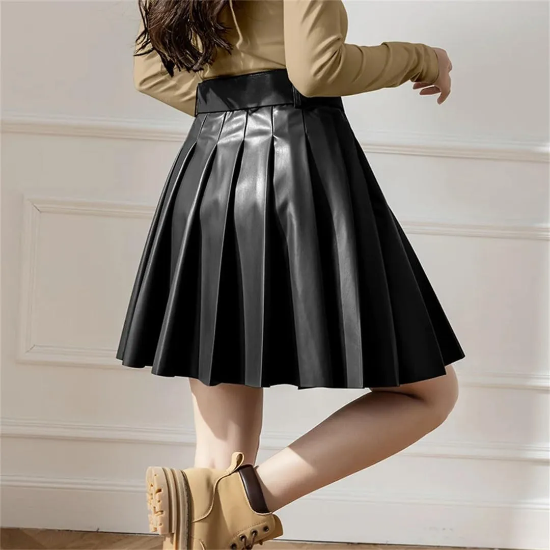 Women's Pleated PU Leather Skirts High Waist Loose A-Line Mini Skirts