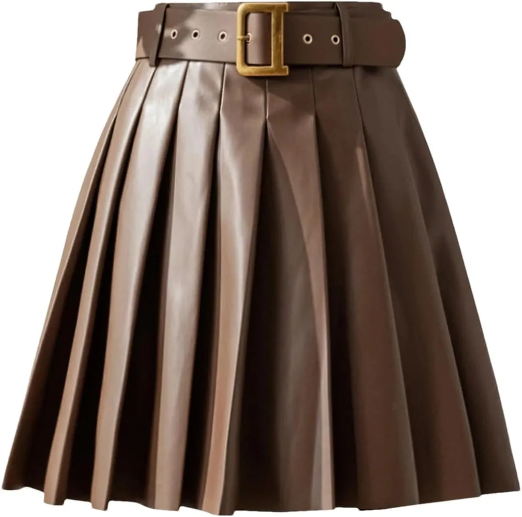 Women's Pleated PU Leather Skirts High Waist Loose A-Line Mini Skirts