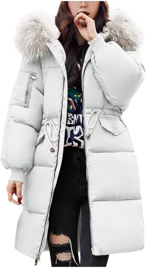 Womens Puffer Coat with Fur Hood Thicken Warm Long Quilted Down Jackets Plus Size Full Zip Windproof Parka Outerwear