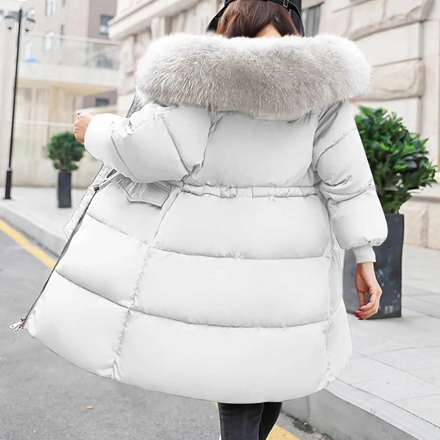 Womens Puffer Coat with Fur Hood Thicken Warm Long Quilted Down Jackets Plus Size Full Zip Windproof Parka Outerwear