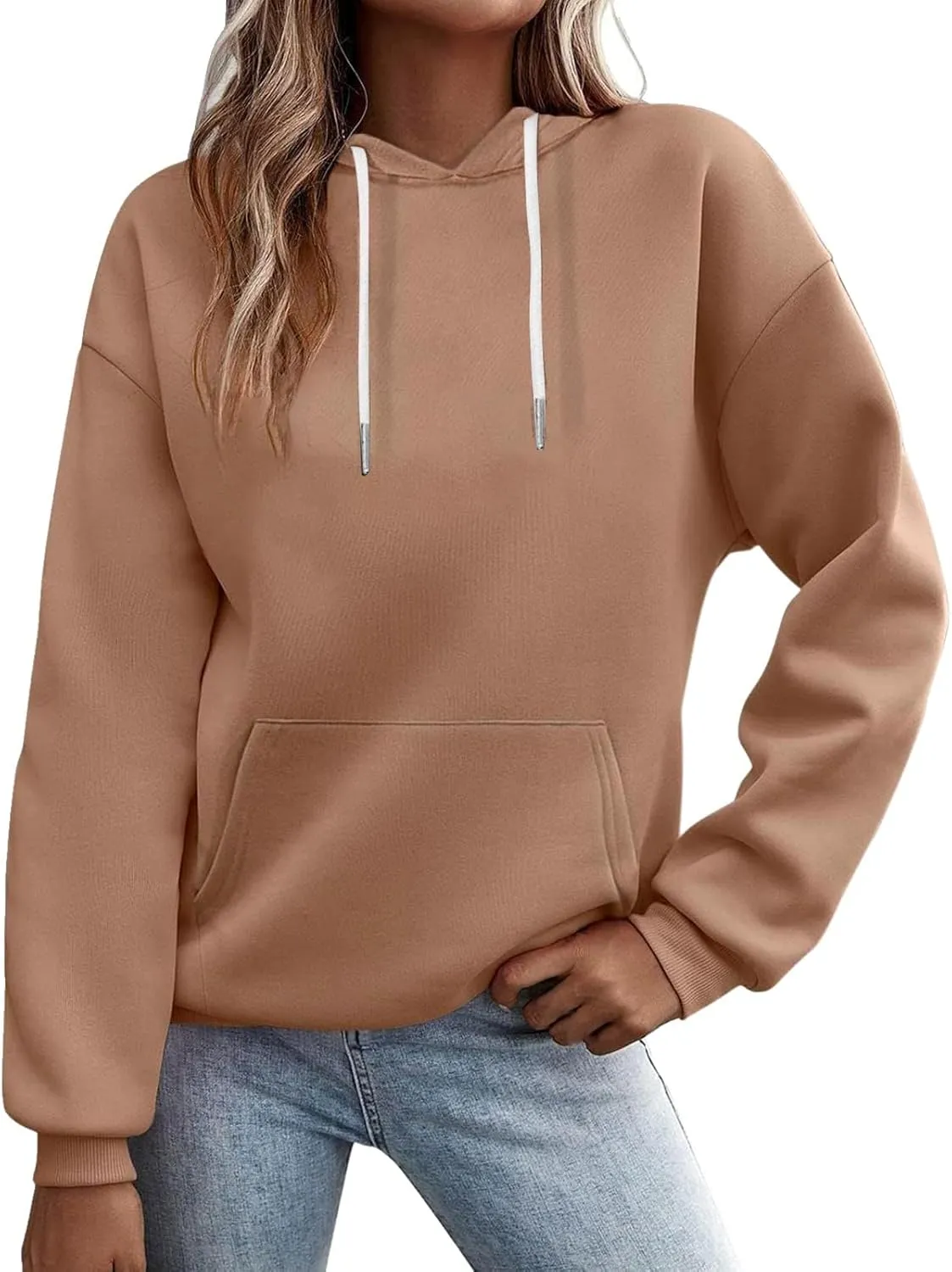 Women's Regular Fit Hoodie Solid Color Loose Drawstring Hooded Long Sleeve Pullover Tops Fall Warm Fleece Sweatshirts
