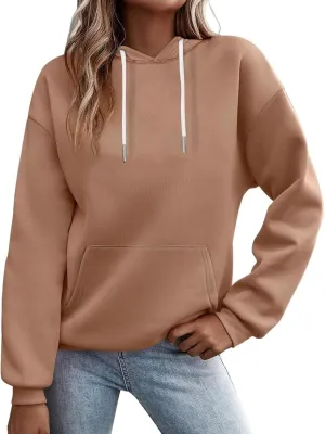Women's Regular Fit Hoodie Solid Color Loose Drawstring Hooded Long Sleeve Pullover Tops Fall Warm Fleece Sweatshirts
