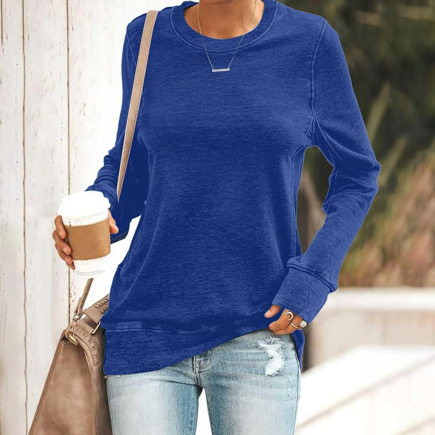 Women's Regular Fit Sweatshirts Fall Casual Loose Solid Color Long Sleeve Crewneck Tops Lightweight Workout Pullovers