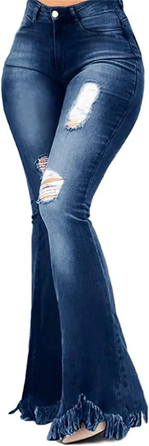 Women's Ripped Bell Bottom Jeans High Waisted Flared Raw Hem Denim Pants Classic Skinny Flared Jean Pants