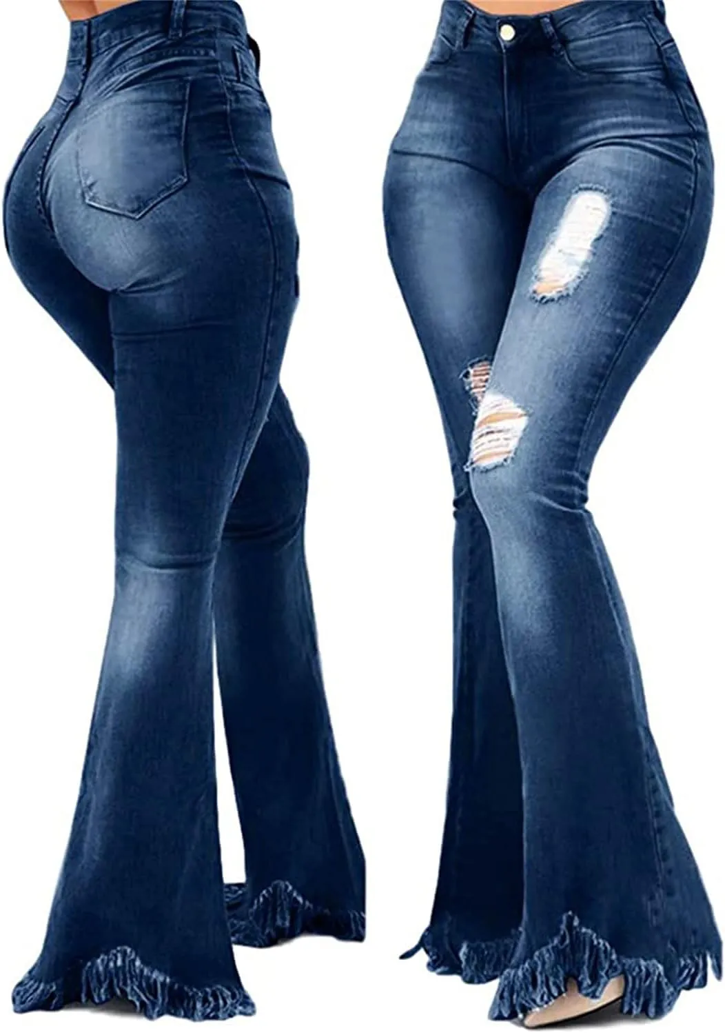 Women's Ripped Bell Bottom Jeans High Waisted Flared Raw Hem Denim Pants Classic Skinny Flared Jean Pants