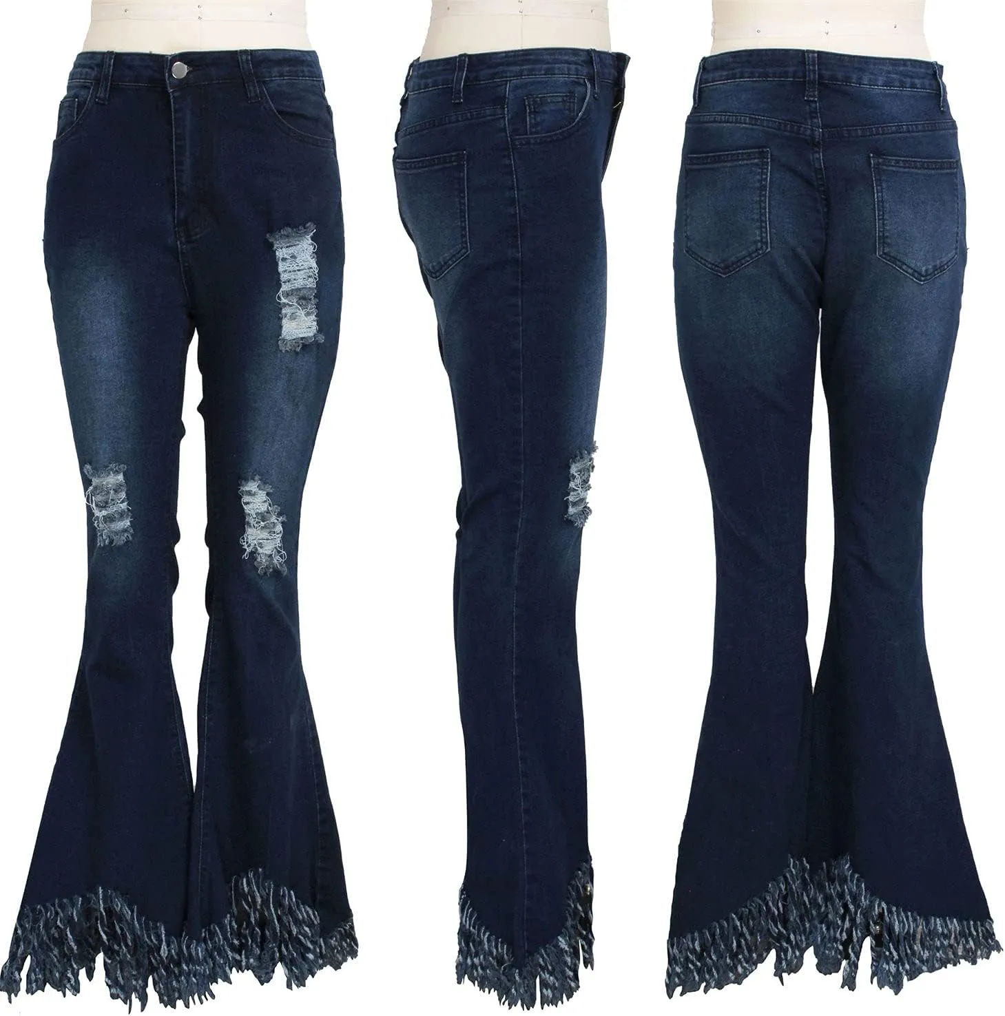 Women's Ripped Bell Bottom Jeans High Waisted Flared Raw Hem Denim Pants Classic Skinny Flared Jean Pants