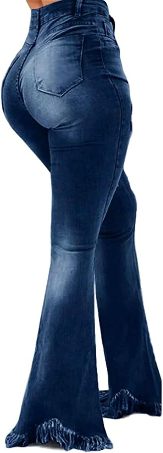 Women's Ripped Bell Bottom Jeans High Waisted Flared Raw Hem Denim Pants Classic Skinny Flared Jean Pants