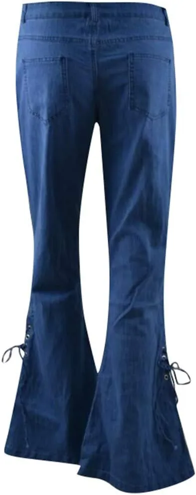 Women's Ripped Flare Bell Bottom Mid Waist Lace Up Hole Stretch Vintage Baggy Straight Denim Jeans Pants Trousers Streetwear