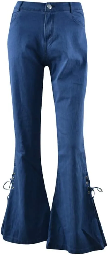 Women's Ripped Flare Bell Bottom Mid Waist Lace Up Hole Stretch Vintage Baggy Straight Denim Jeans Pants Trousers Streetwear
