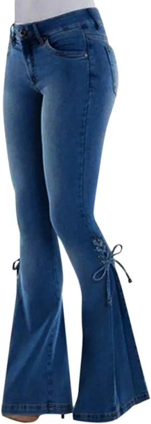 Women's Ripped Flare Bell Bottom Mid Waist Lace Up Hole Stretch Vintage Baggy Straight Denim Jeans Pants Trousers Streetwear