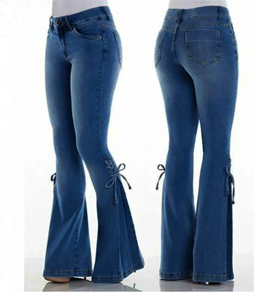 Women's Ripped Flare Bell Bottom Mid Waist Lace Up Hole Stretch Vintage Baggy Straight Denim Jeans Pants Trousers Streetwear