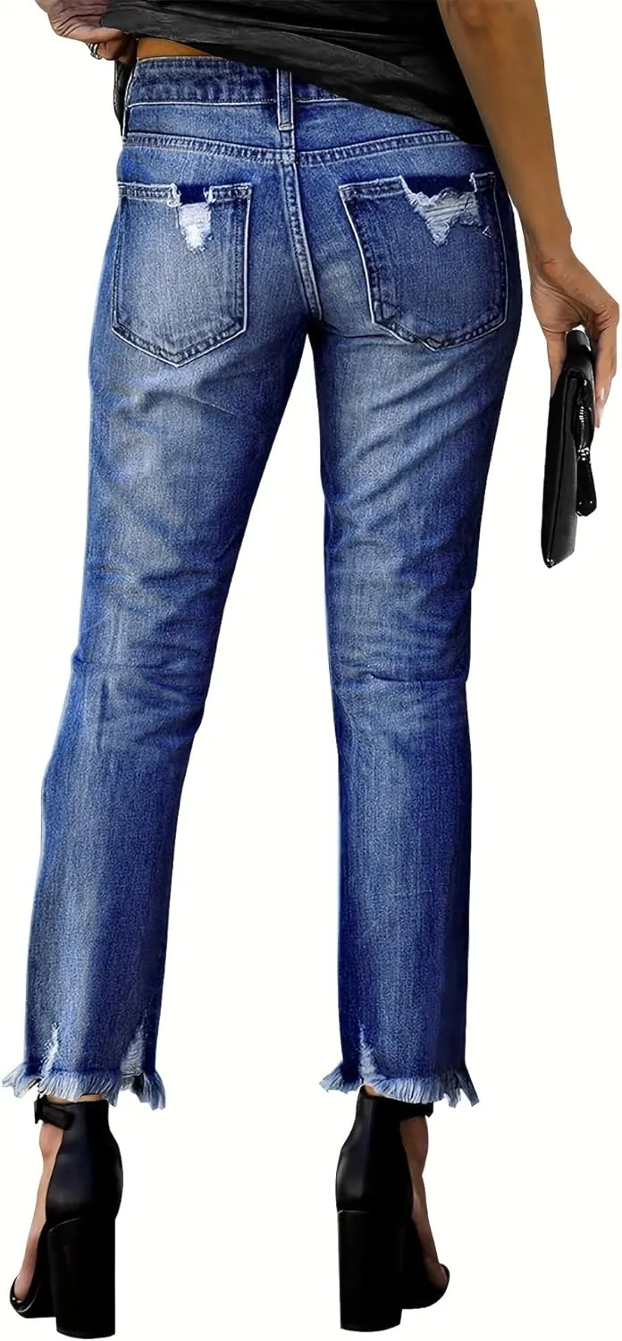 Women's Ripped Jeans Straight Leg Distressed Boyfriend Denim Pants