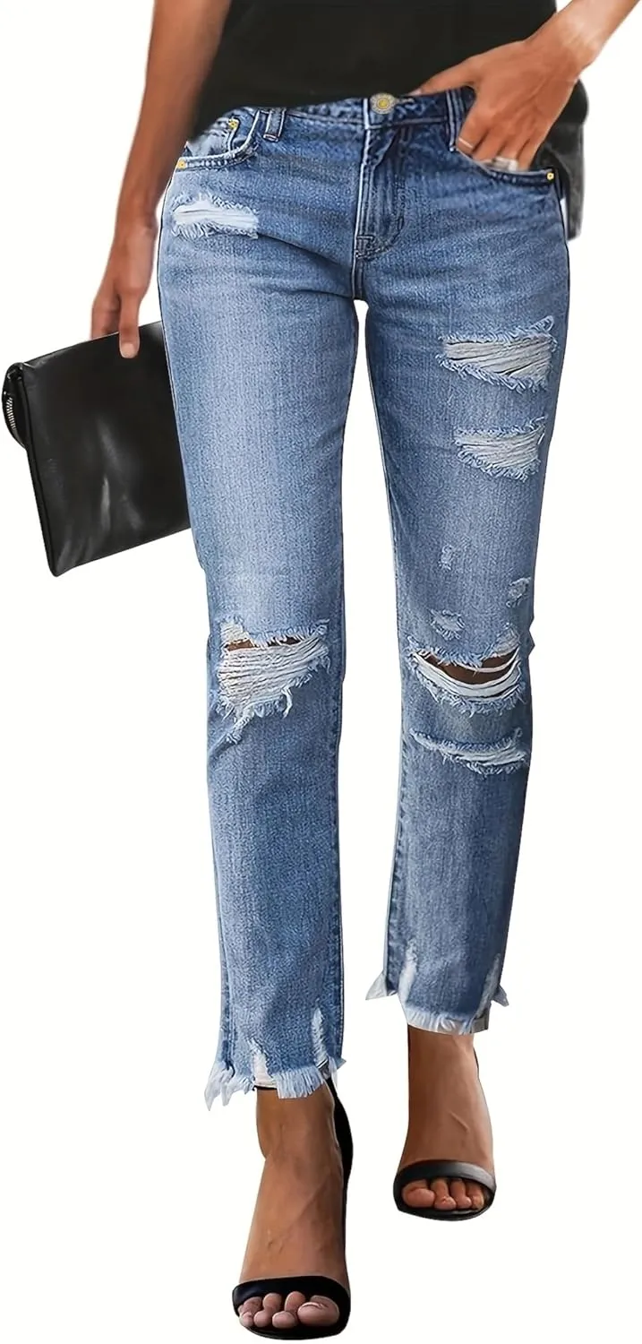 Women's Ripped Jeans Straight Leg Distressed Boyfriend Denim Pants