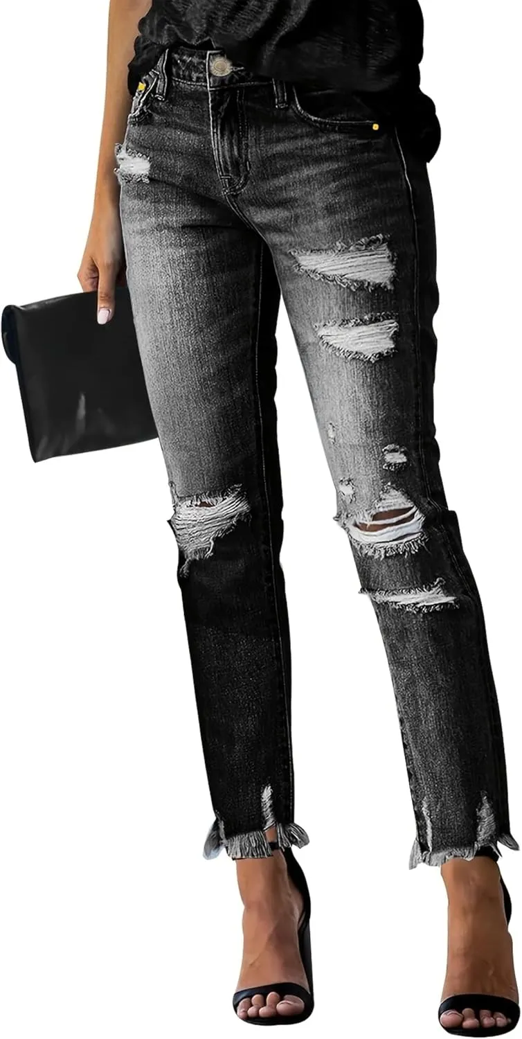 Women's Ripped Jeans Straight Leg Distressed Boyfriend Denim Pants