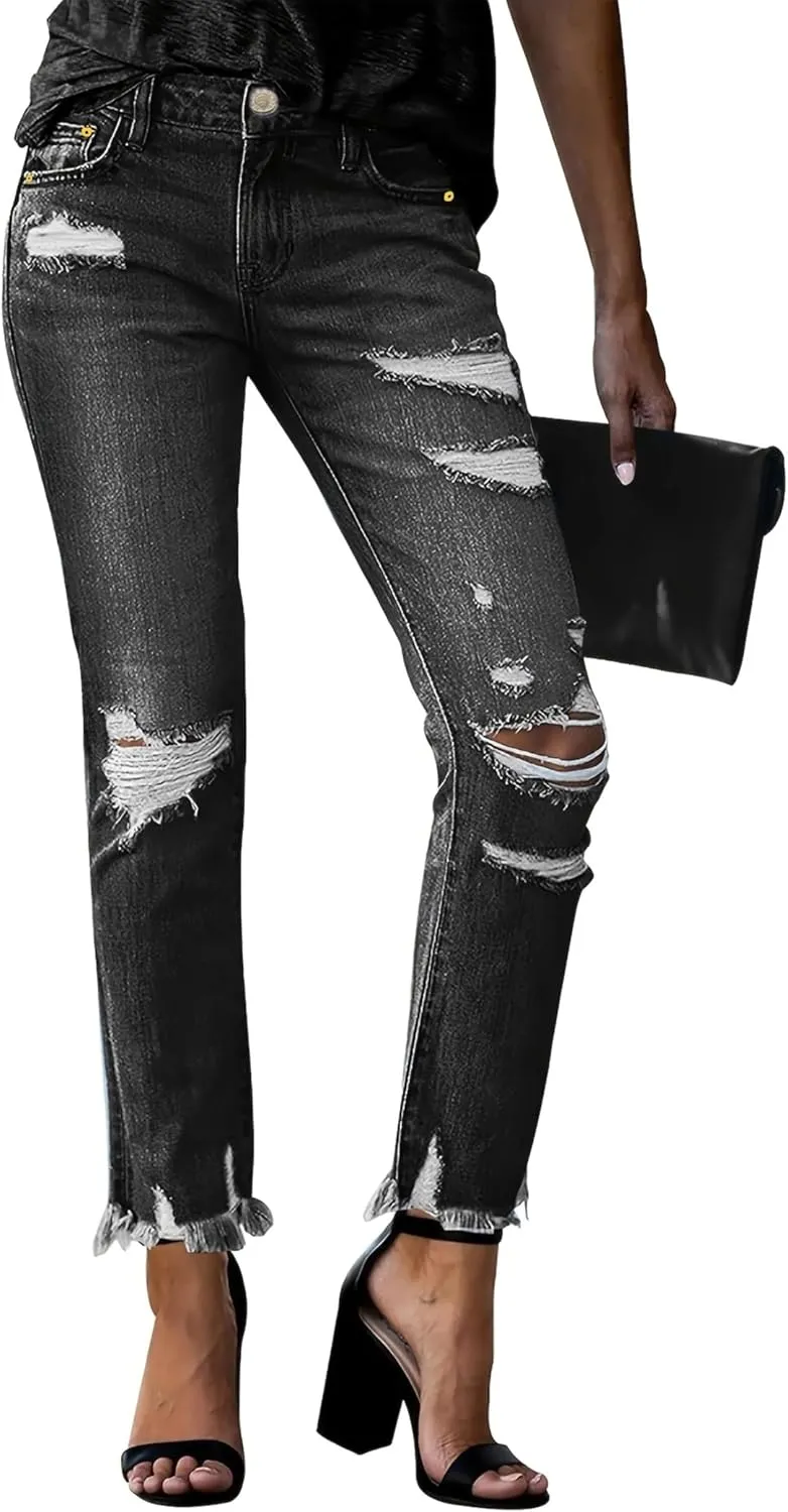 Women's Ripped Jeans Straight Leg Distressed Boyfriend Denim Pants