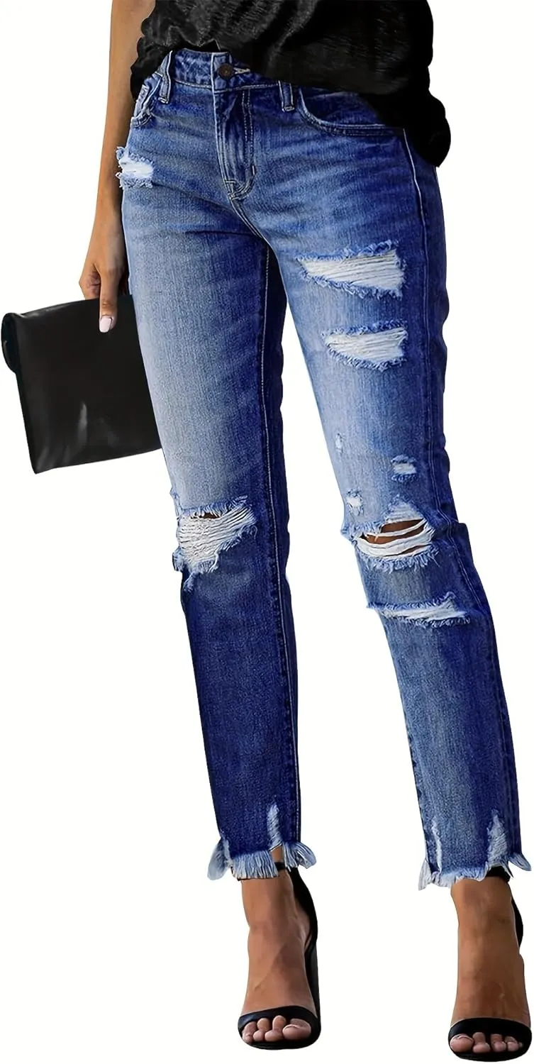 Women's Ripped Jeans Straight Leg Distressed Boyfriend Denim Pants