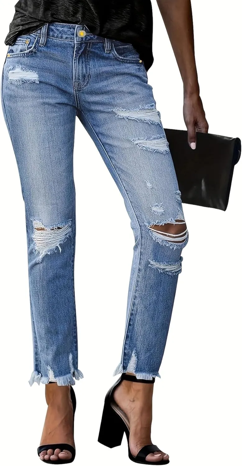 Women's Ripped Jeans Straight Leg Distressed Boyfriend Denim Pants