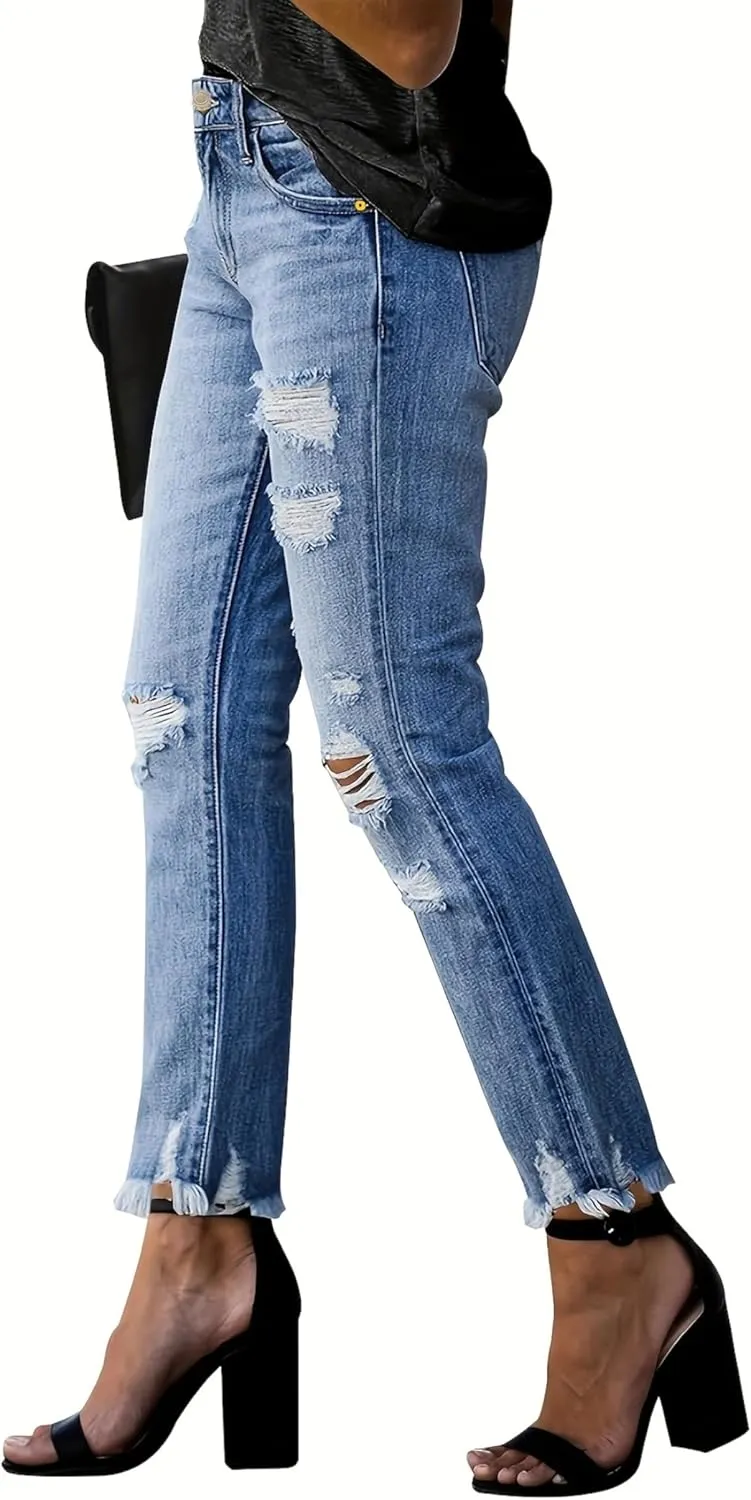 Women's Ripped Jeans Straight Leg Distressed Boyfriend Denim Pants