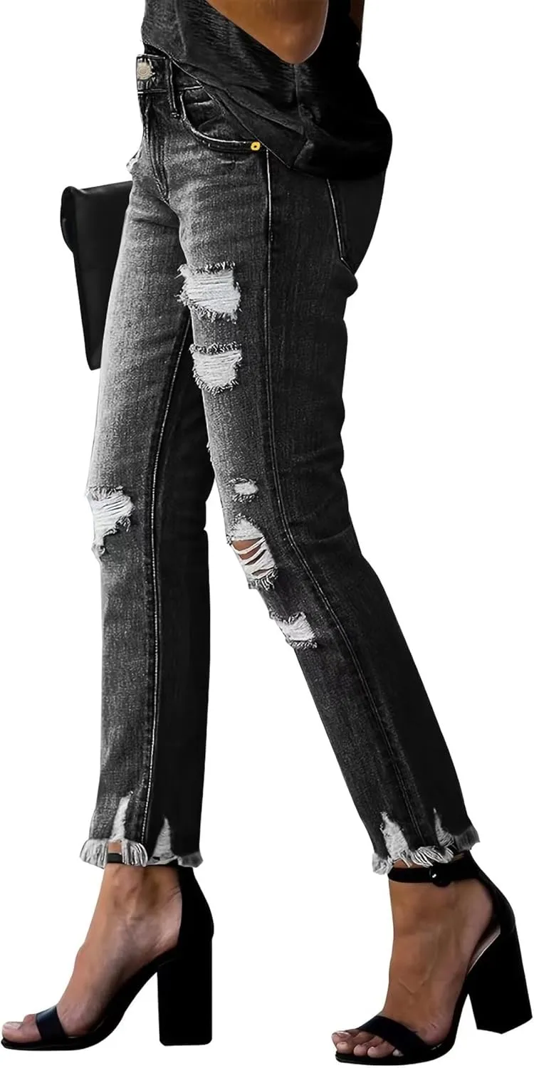 Women's Ripped Jeans Straight Leg Distressed Boyfriend Denim Pants