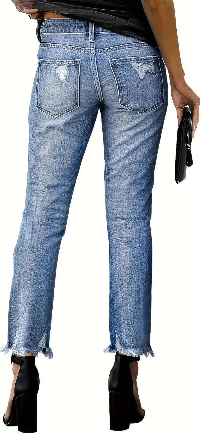Women's Ripped Jeans Straight Leg Distressed Boyfriend Denim Pants